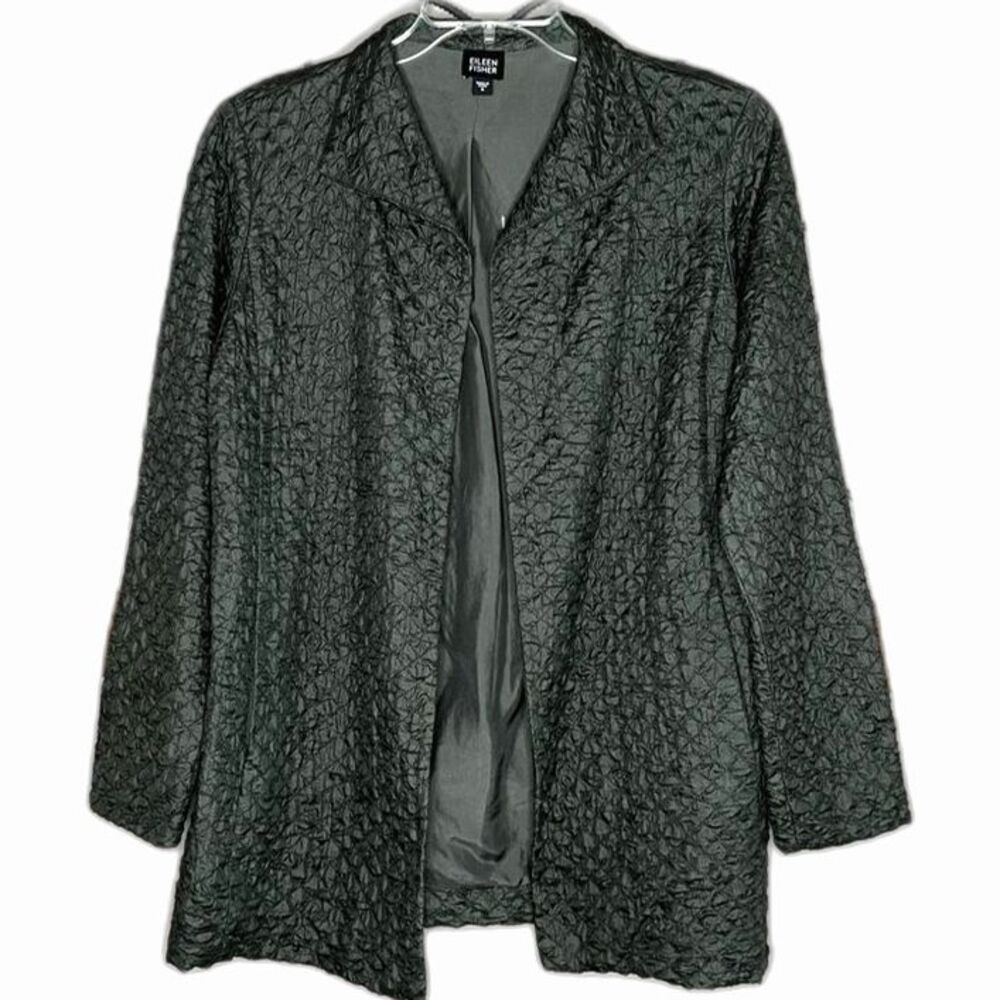 Eileen Fisher Lagenloock Silk Tussah Open Front Rich Olive Blazer Jacket Small